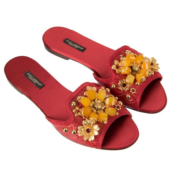 Dolce & Gabbana - Cayman Leather Jeweled Slides Sandals BIANCA Red EUR 37,5 - Picture 1 of 5